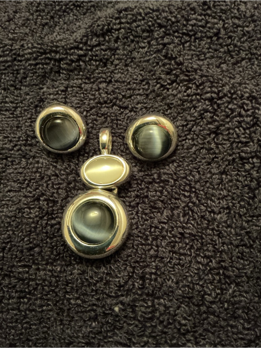 Sterling Silver Black Cat's Eye Pendant and Stud Earrings Set